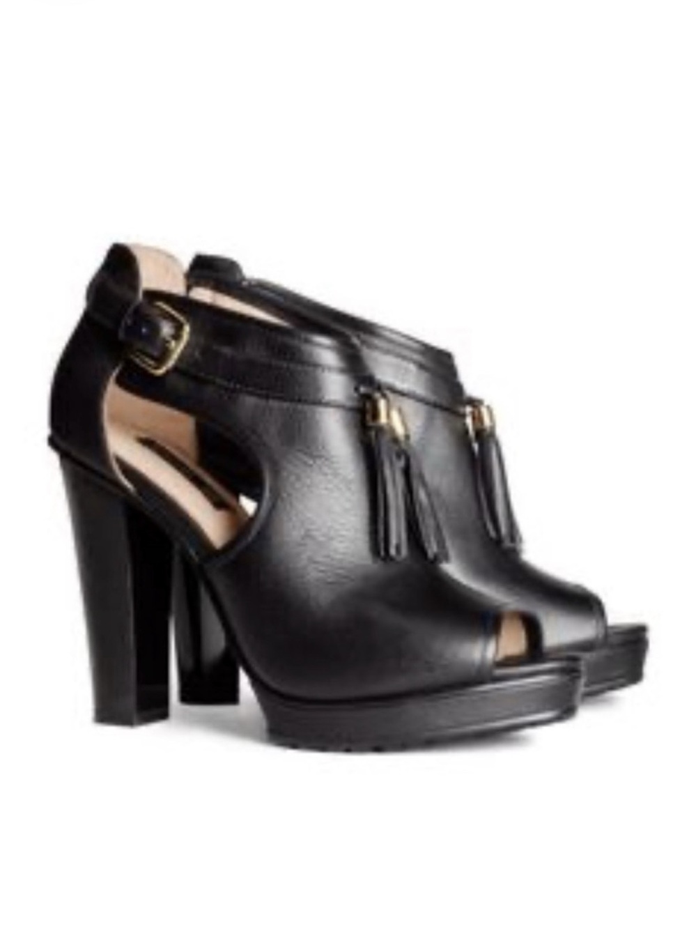 H&M Black Tassel Peep-Toe Platform Heels